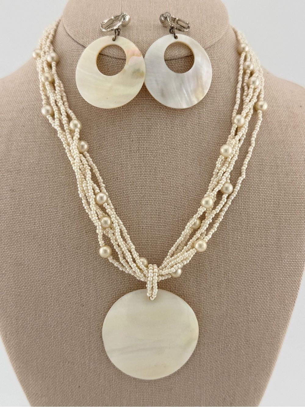 Boho Mother of Pearl Shell Disc Multi-Strand Beaded Jewelry Set